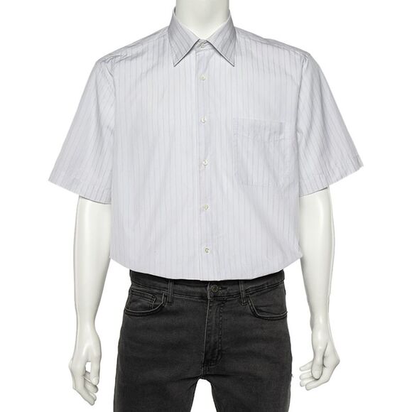Balmain White Striped Cotton Short Sleeve Shirt L,All Products : American Fashion Style Bags On Sale